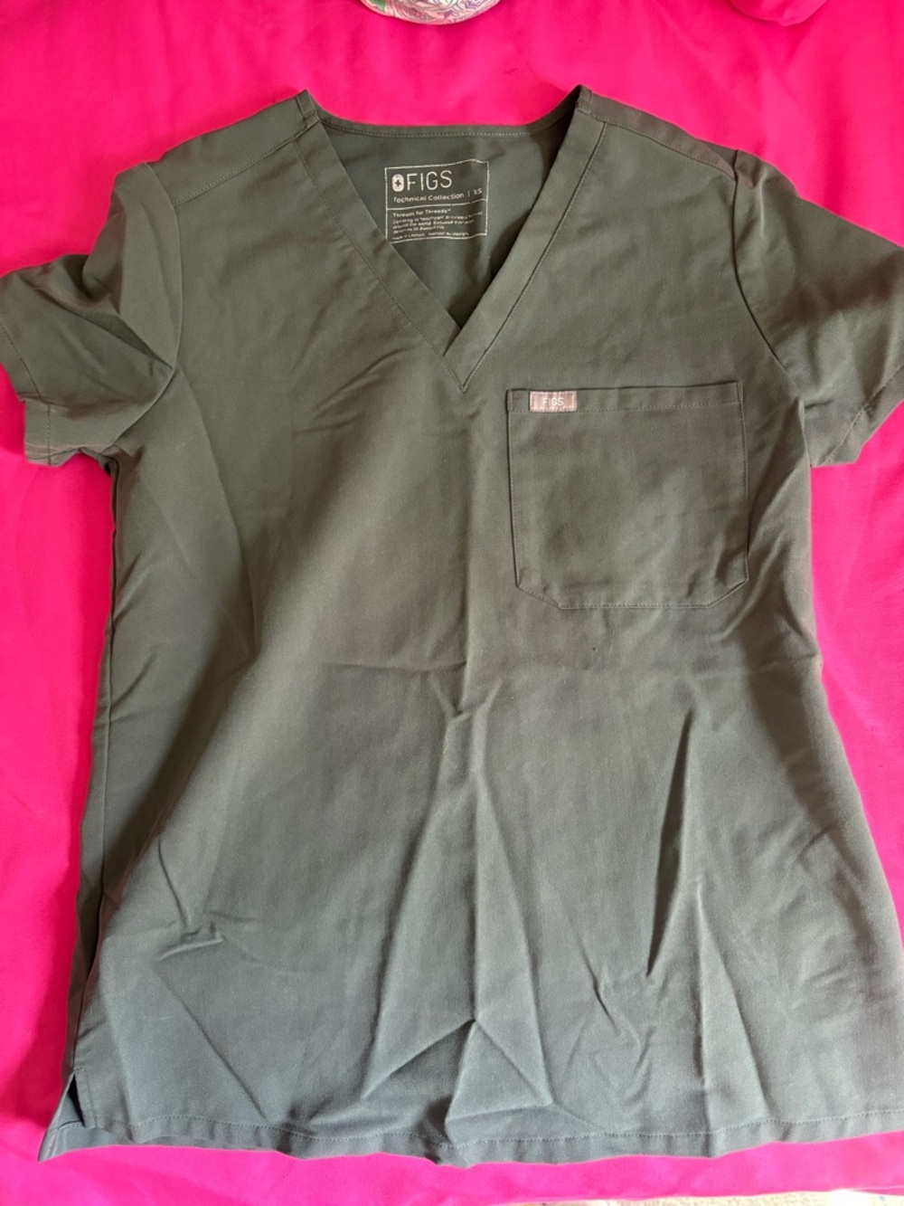 Figs Women's Short Sleeve V-Neck Top in Olive Green and Bottoms